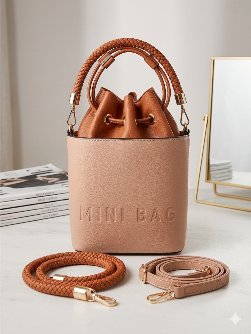 New Women's Mini Bucket Bag in Blush & Tan - Fashionable Drawstring Handbag